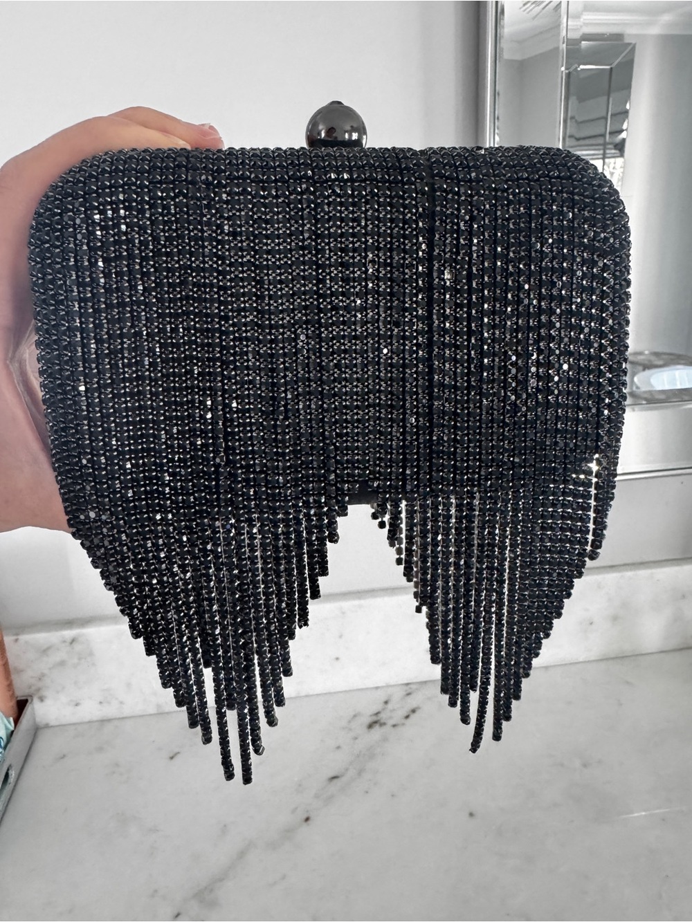 Marciano Black Rhinestone Fringe Evening Clutch